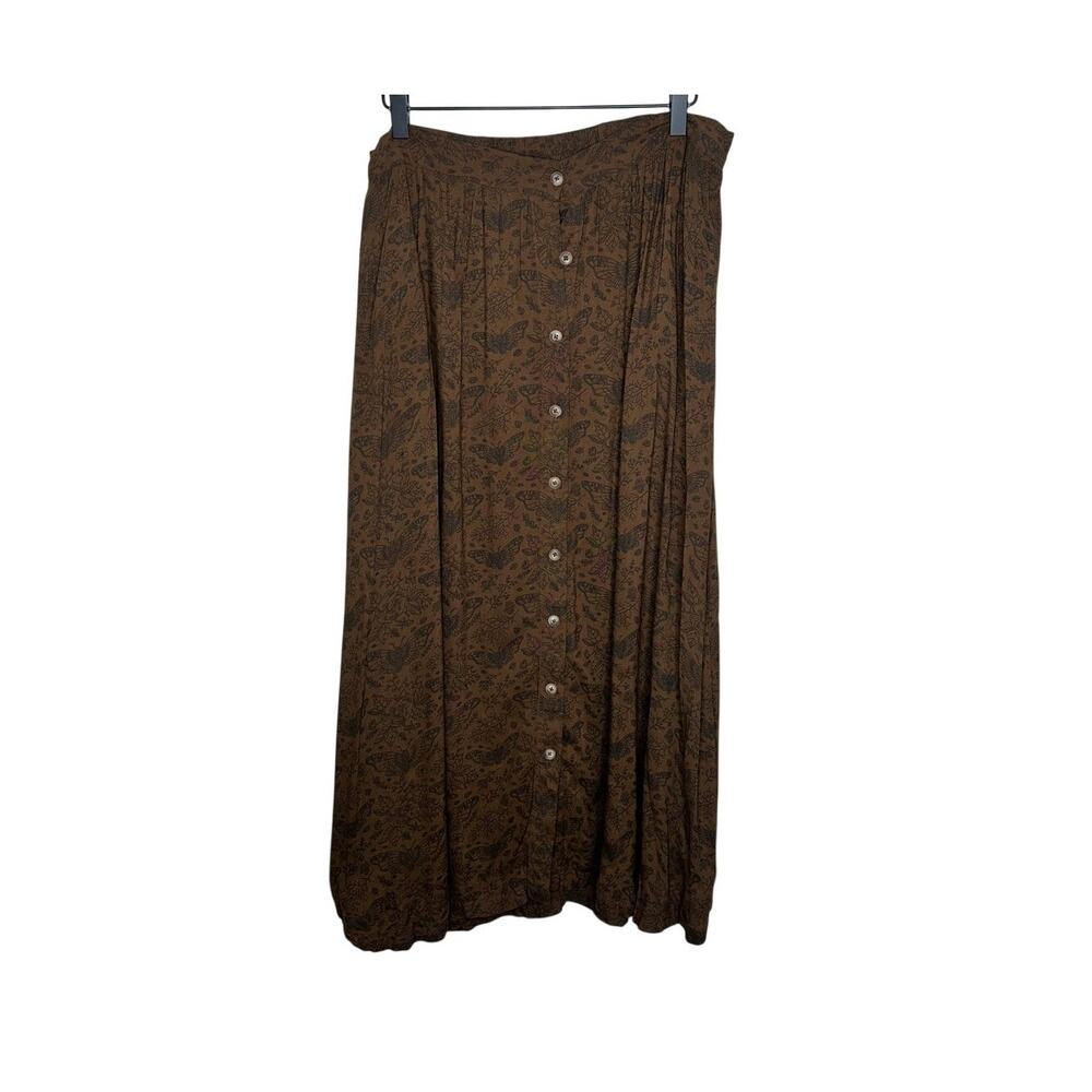Disturbia Brown Floral Button Down Midi Skirt Women 10 Pleated Elastic Waist EUC